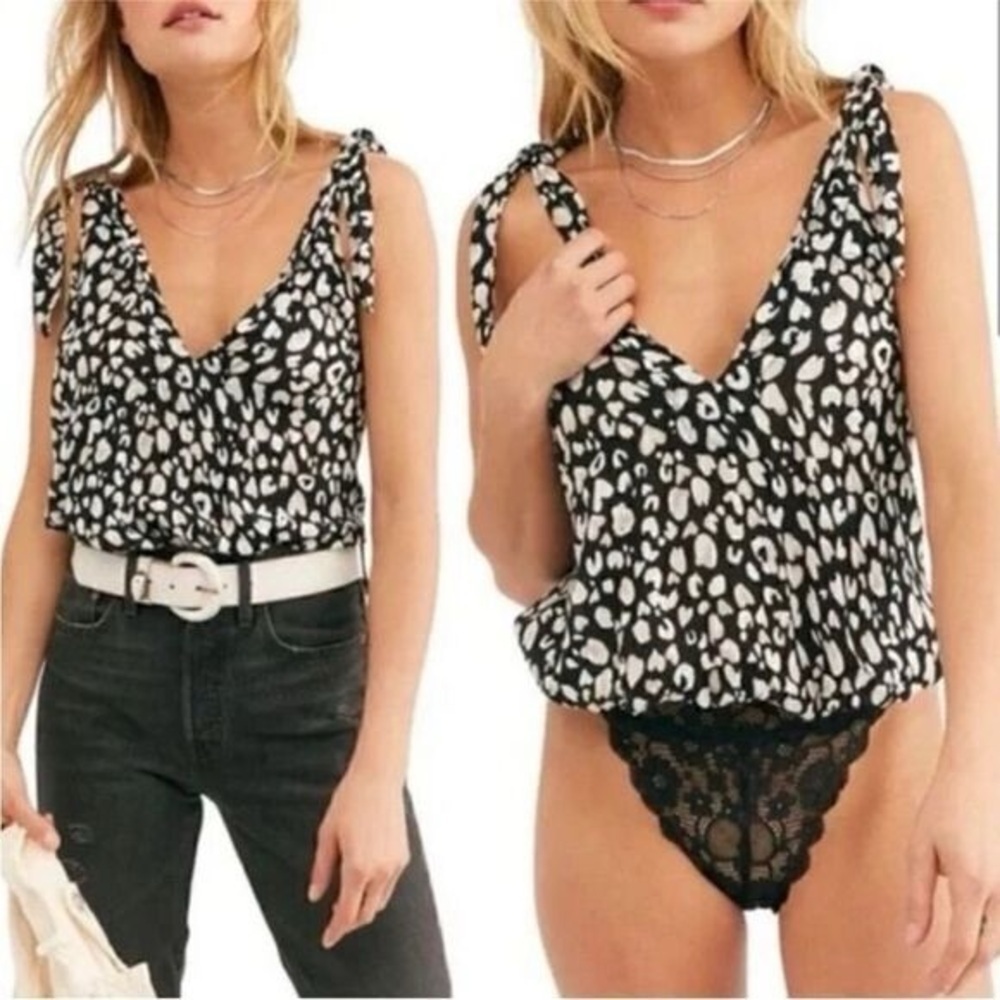 FREE PEOPLE Bare It All Bodysuit TopCheetah Viscose Lace Snap On Bottom Women XS